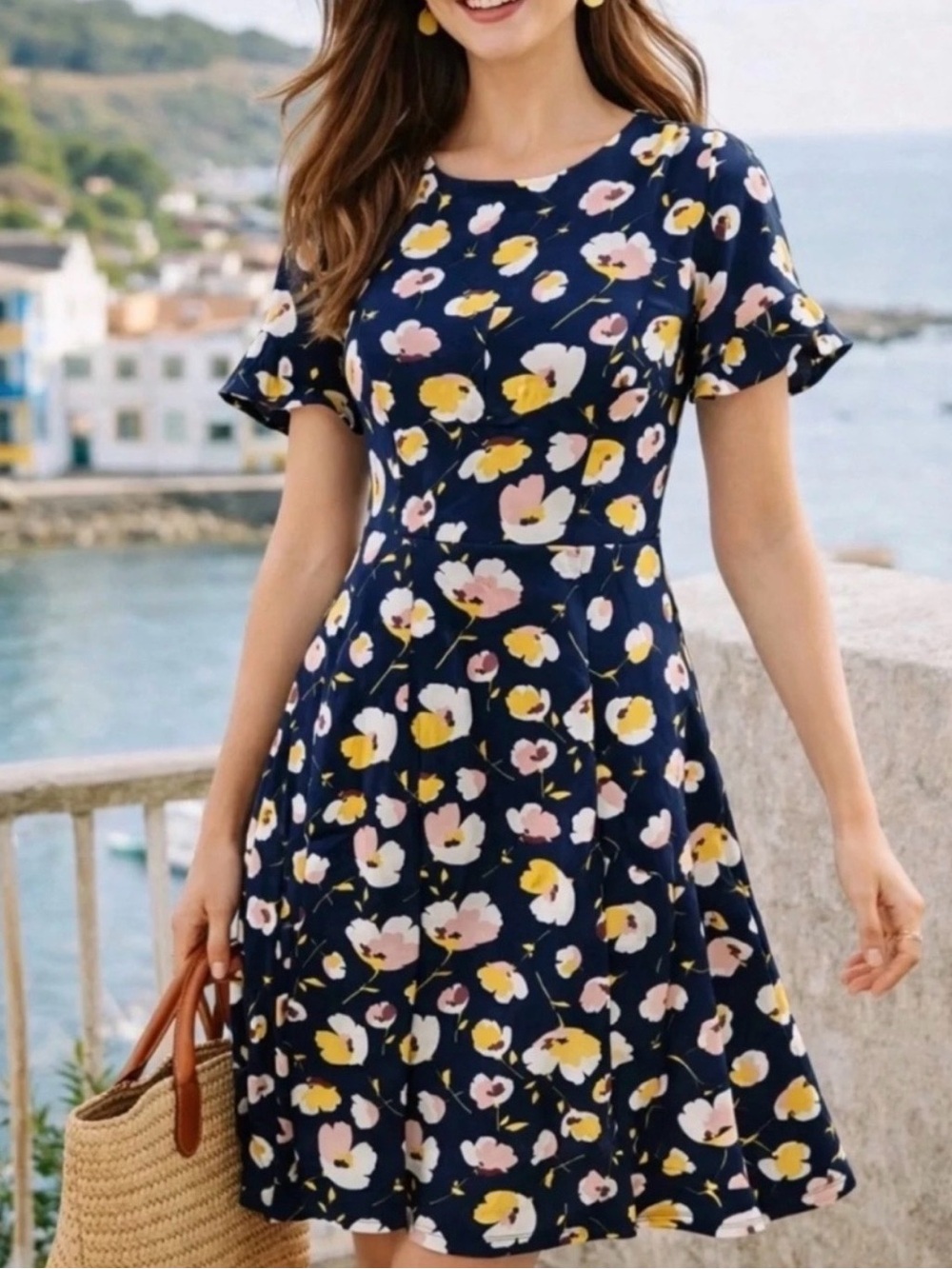 Boden Alexis Midi Knit Navy Yellow Pink Floral 3/4 Tulip Sleeve Dress
